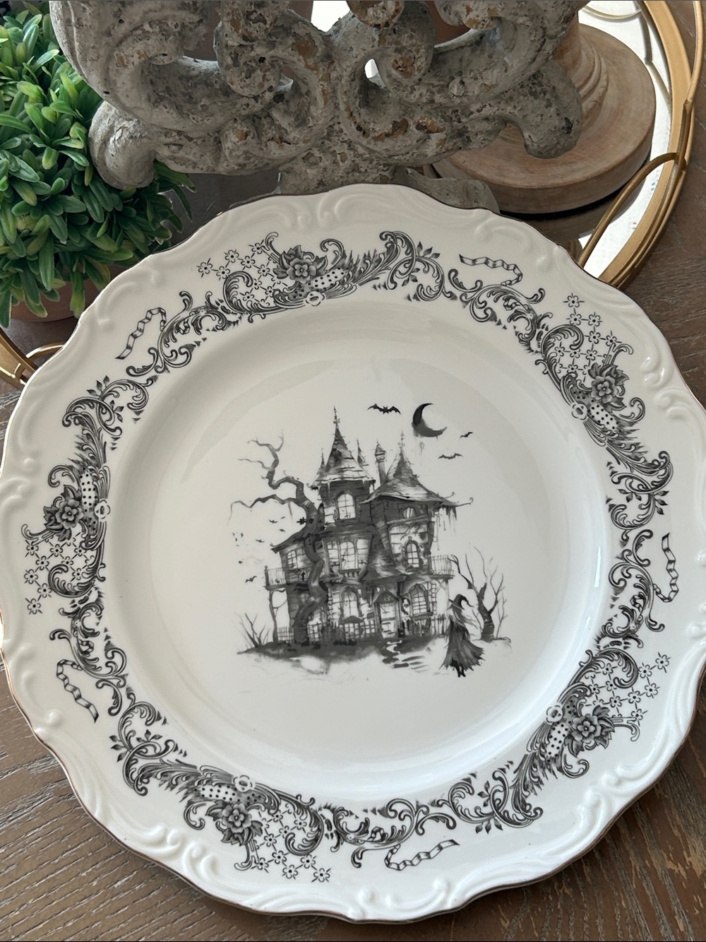 NEW! Vintage Inspired Haunted Halloween Witch Manor Porcelain Serving Plate